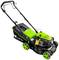 A green and black lawnmower with a handle and grass collection box, ready for use on a lawn.