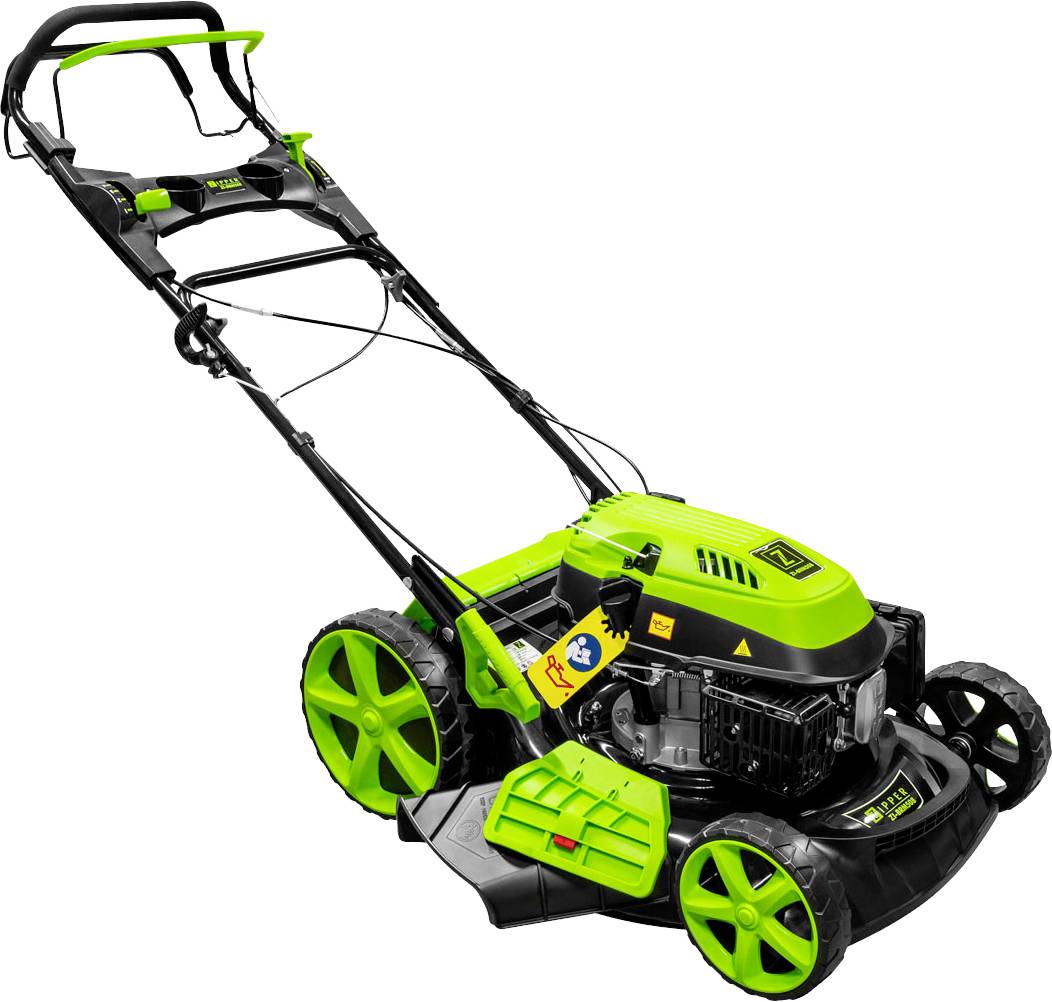 Lawnmower with a green casing and black elements. It features large wheels and a handle for pushing.