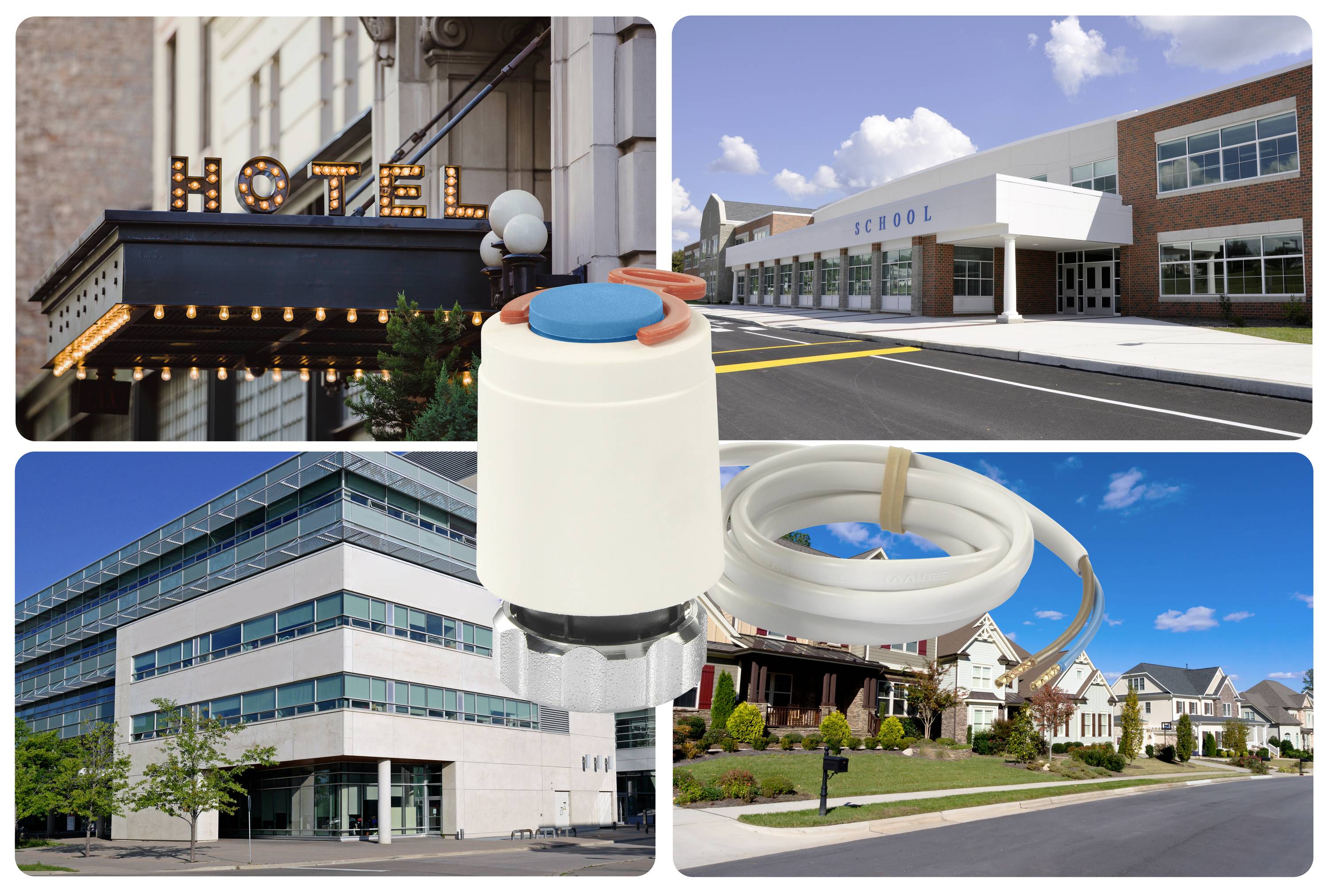 A white device with a red button and cable is in the centre. Next to it are pictures of a hotel, a school, an office building, and houses.