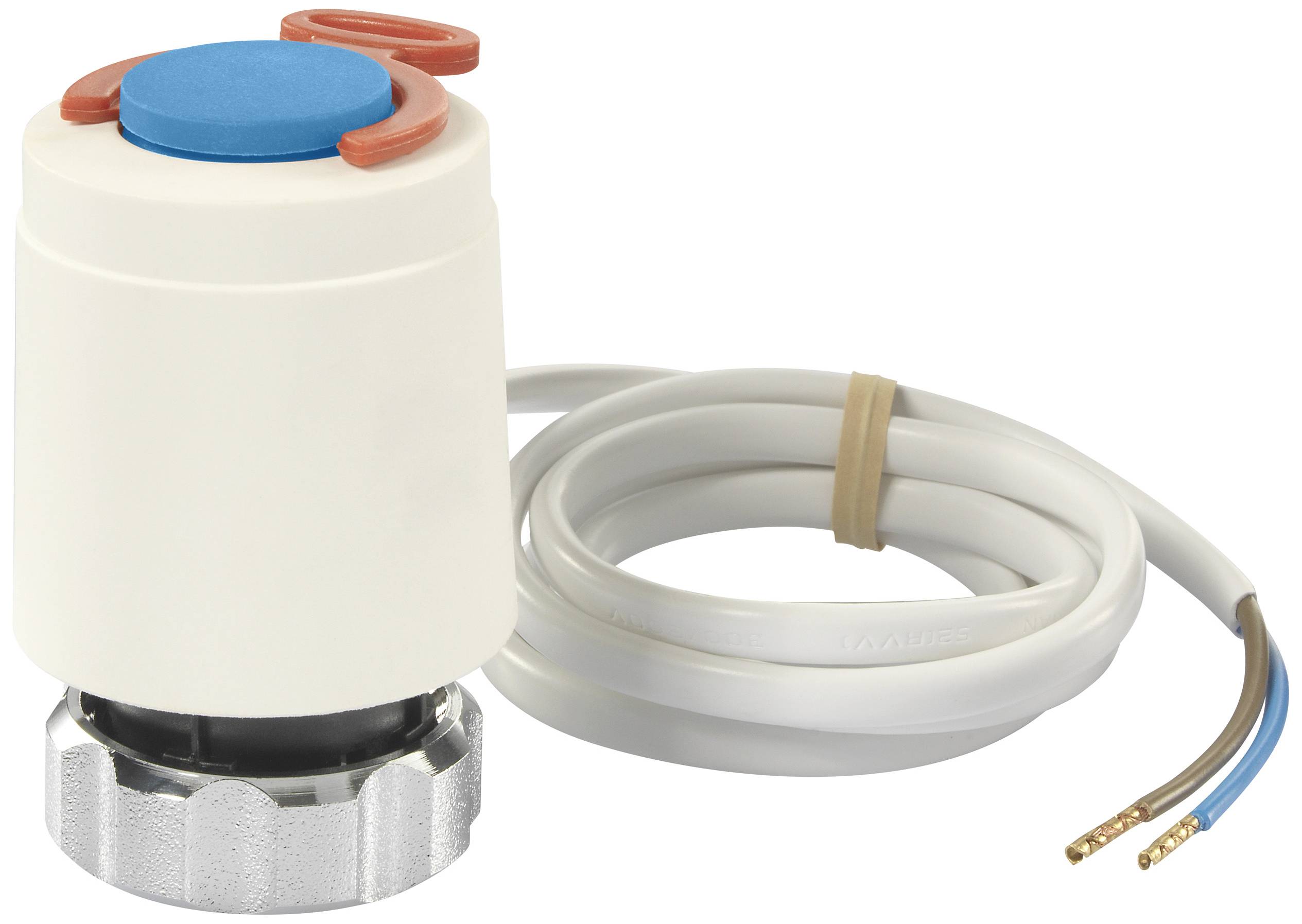 An electrical actuator with blue and red markings, connected to a cable, shows open cable ends. Suitable for heating systems.