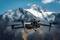 A drone flies in front of a snow-covered mountain backdrop. The sky is blue and clear. The scene conveys a sense of adventure.
