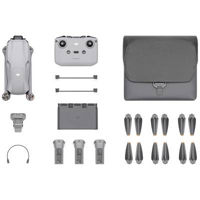 'Remote-controlled drone with carrying case, propellers, batteries and accessories in grey. Complete set ready for use.'