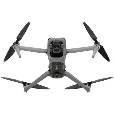 A grey drone with four rotors and a camera underneath.