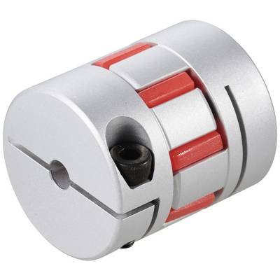 Aluminium metal coupling with red elastomeric inserts, suitable for torque transmission in machinery.