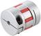 Aluminium metal coupling with red elastomeric inserts, suitable for torque transmission in machinery.
