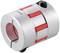 Metal coupling with a red plastic core. It connects two shafts, enables rotational movements and compensates for alignment errors.