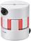 Metal coupling with red damping element, suitable for axle connections in machinery.
