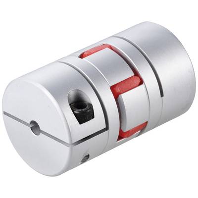 Metal coupling with red insert for torque transmission, suitable for mechanical applications.