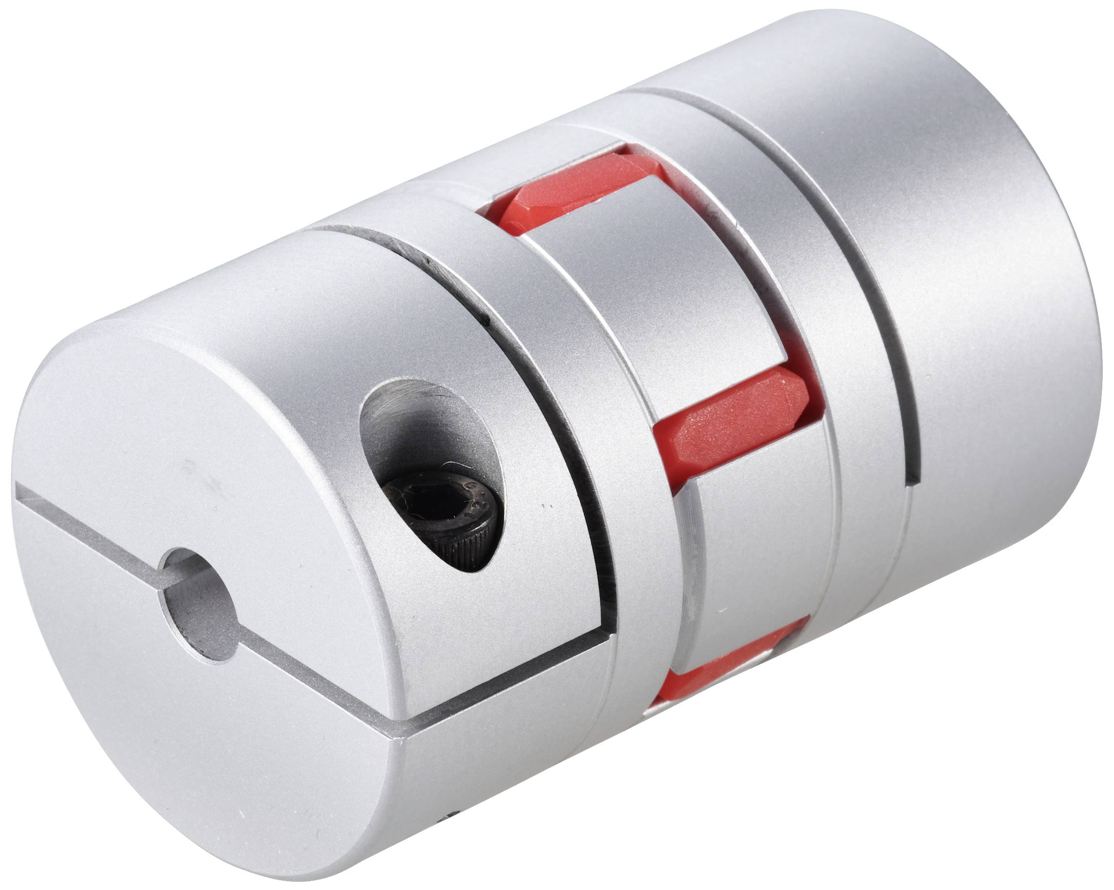 Grey coupling with red inserts. Connects mechanical components to transmit torque.