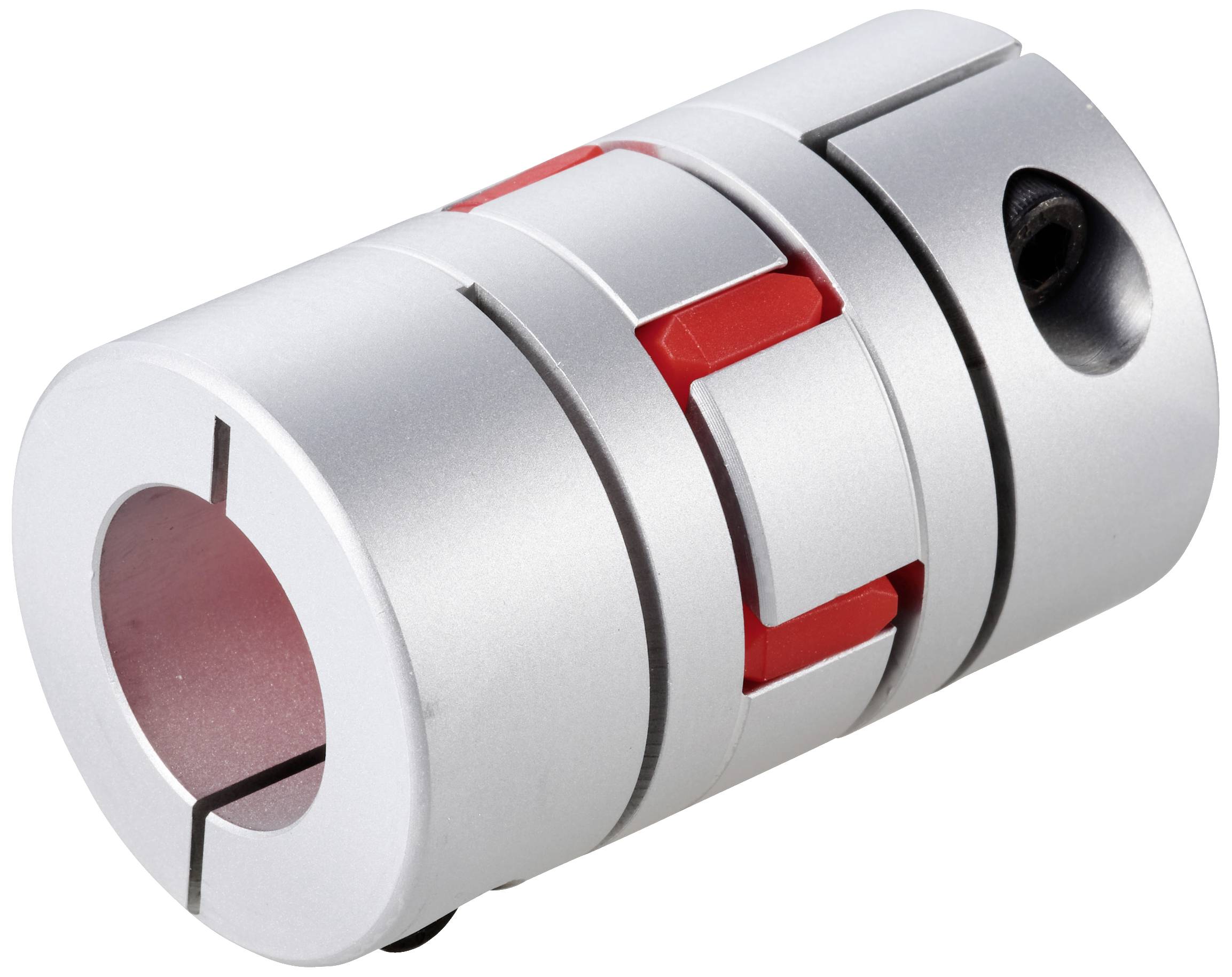 Metal coupling with rotating segments, silver-coloured, cylindrical shape, used for connecting mechanical components.