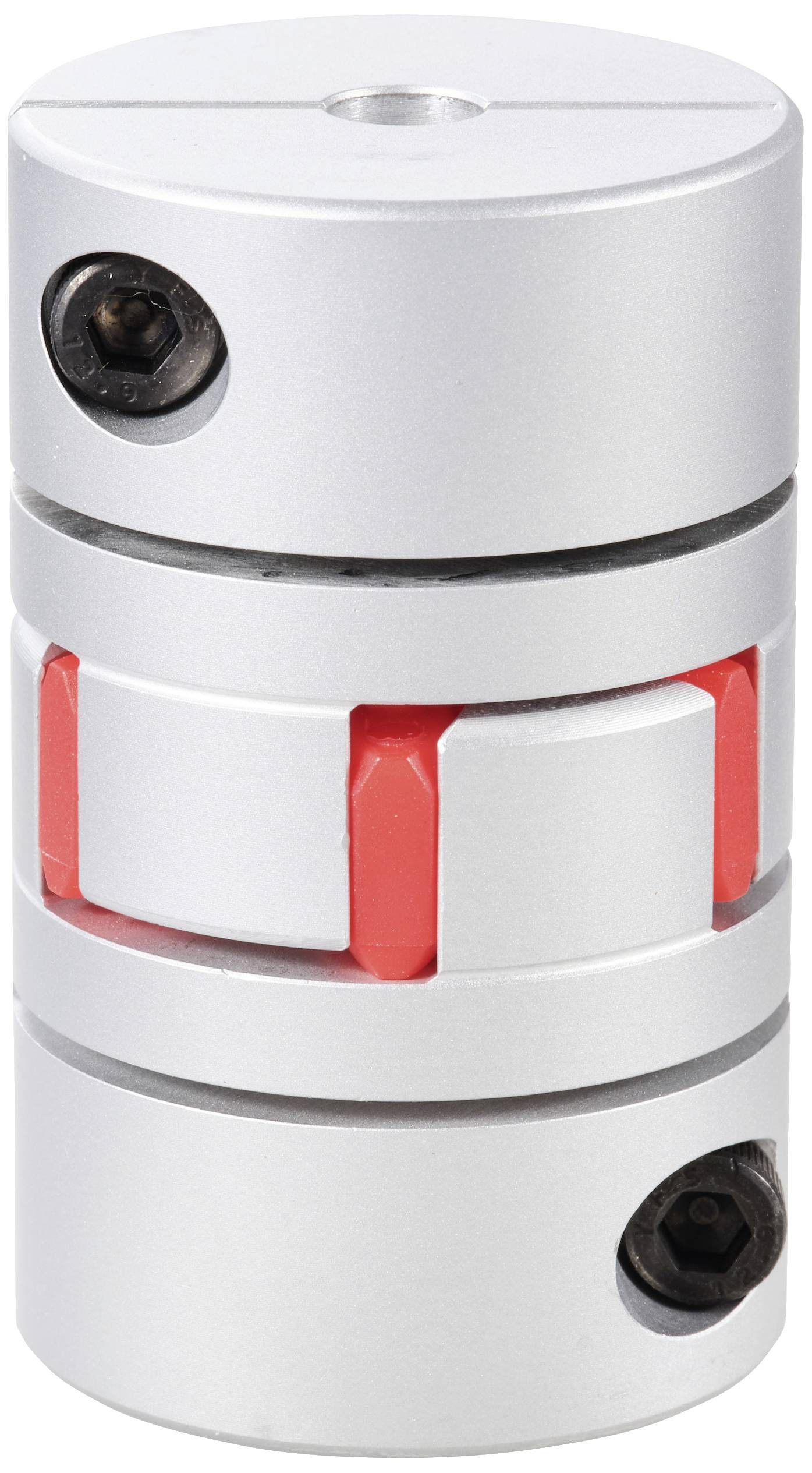 Metal coupling with a red plastic element in the centre. Connects two shaft sections for torque transmission.