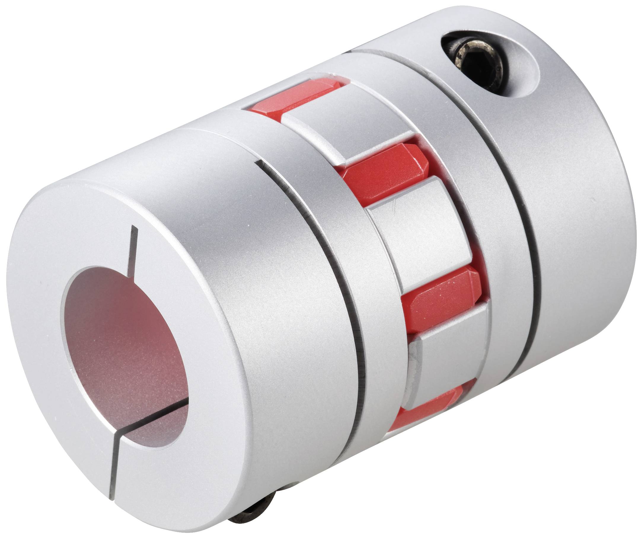 Cylindrical metal coupling with red, ribbed insert pieces that connects mechanical components and dampens vibrations.