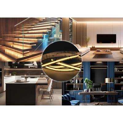 'Collage of modern interior design: illuminated staircase, living room with contemporary furnishings, kitchen with island, blue home office.'