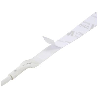 A white cable tie with a removable adhesive strip, partially peeled off, on a white background.