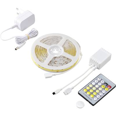 LED light strip set with power supply, remote control, and control unit. Suitable for custom lighting and colour control.