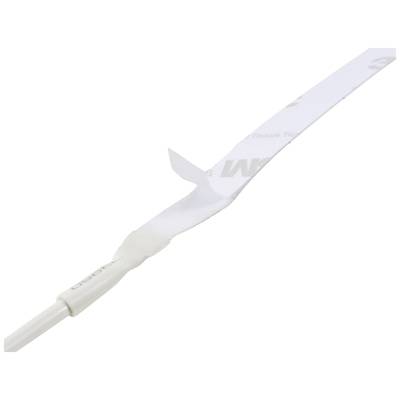 A long, white adhesive strip with partially peeled protective backing demonstrates an application for sealing or fastening.