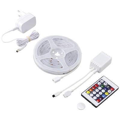 LED light strip set with remote control, power supply and controller. Ideal for atmospheric lighting and decoration.