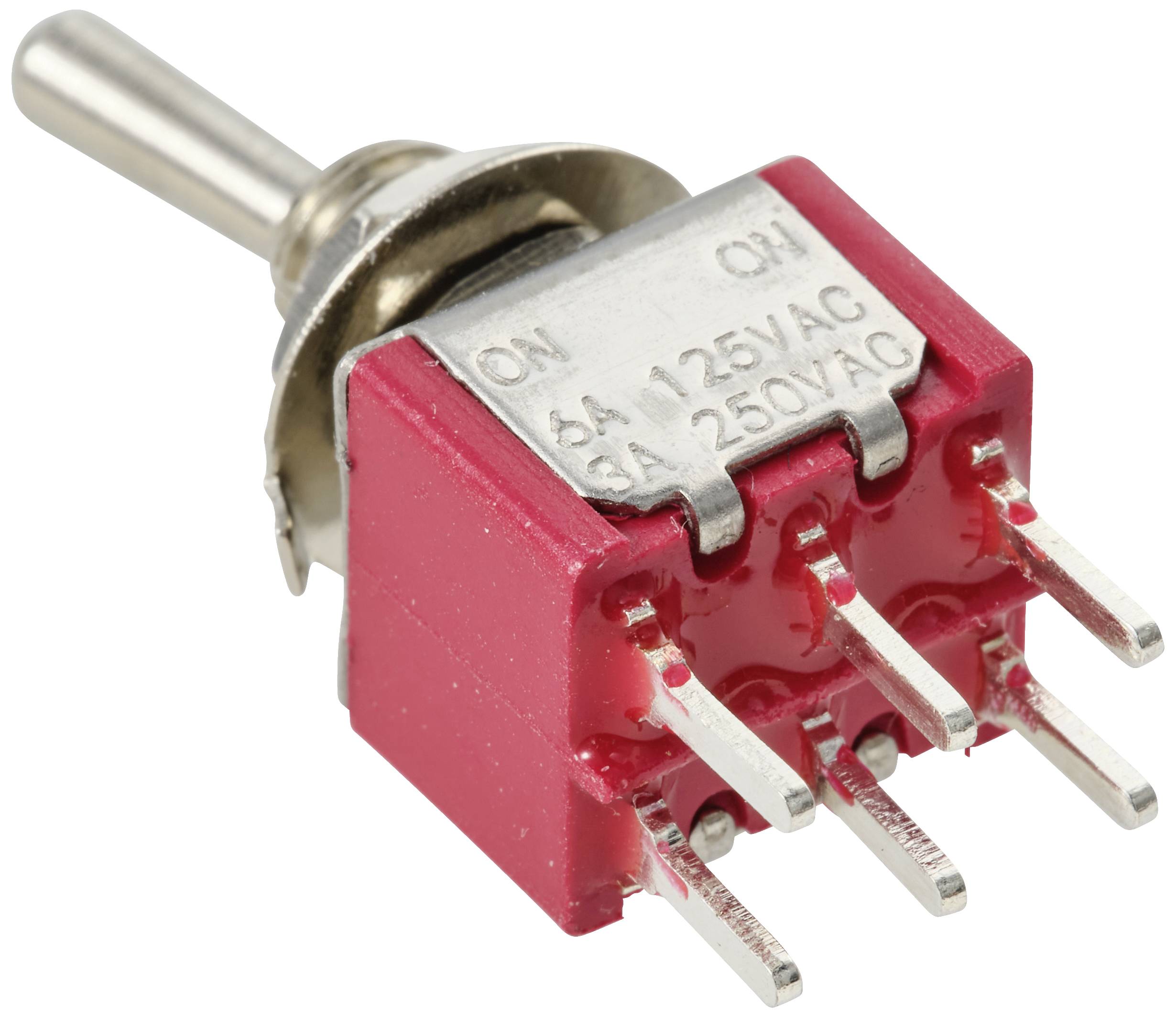 A single-pole toggle switch with six red terminals and a silver lever, marked with 'ON' and electrical specifications.