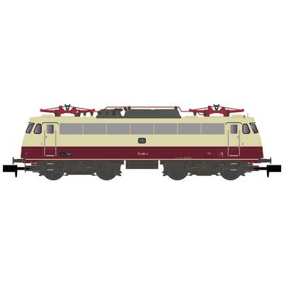 Illustration of a German locomotive with cream and red paintwork. The locomotive is shown from the side, displaying detailed technical elements.