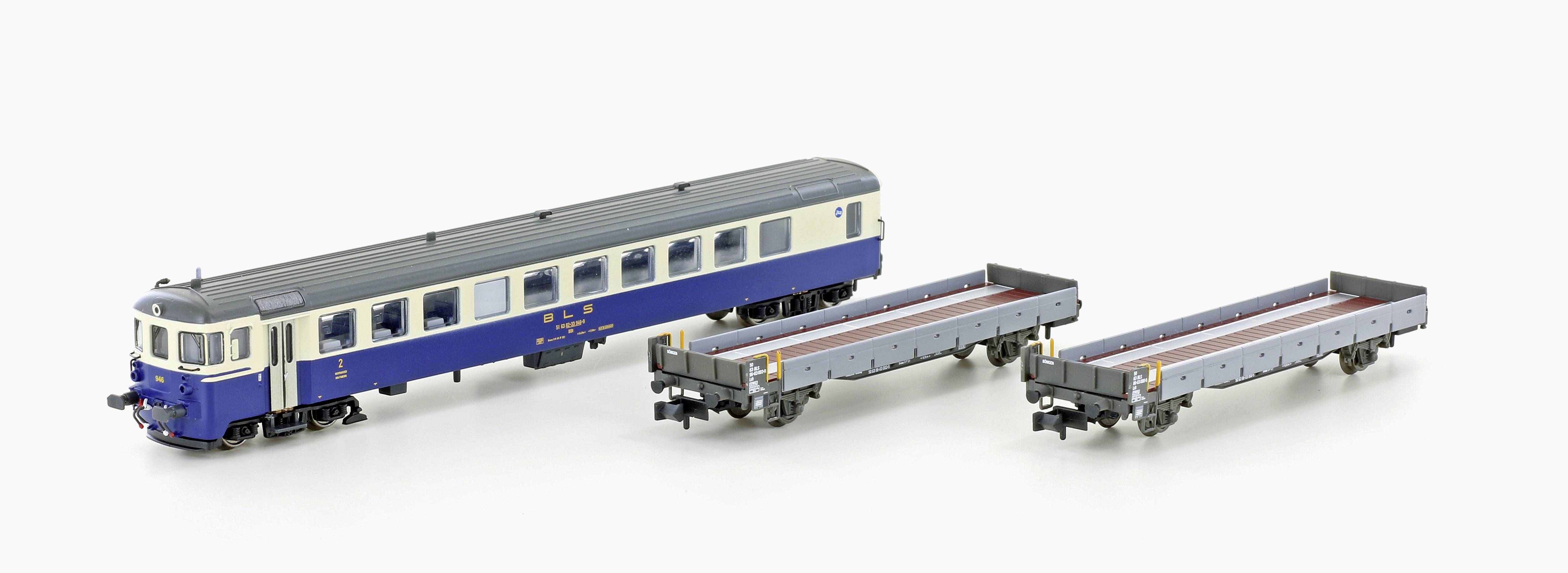 Image of Lemke LC96009 N 3-car loading train, control wagon Bdt+2x start-up wagon of BLS