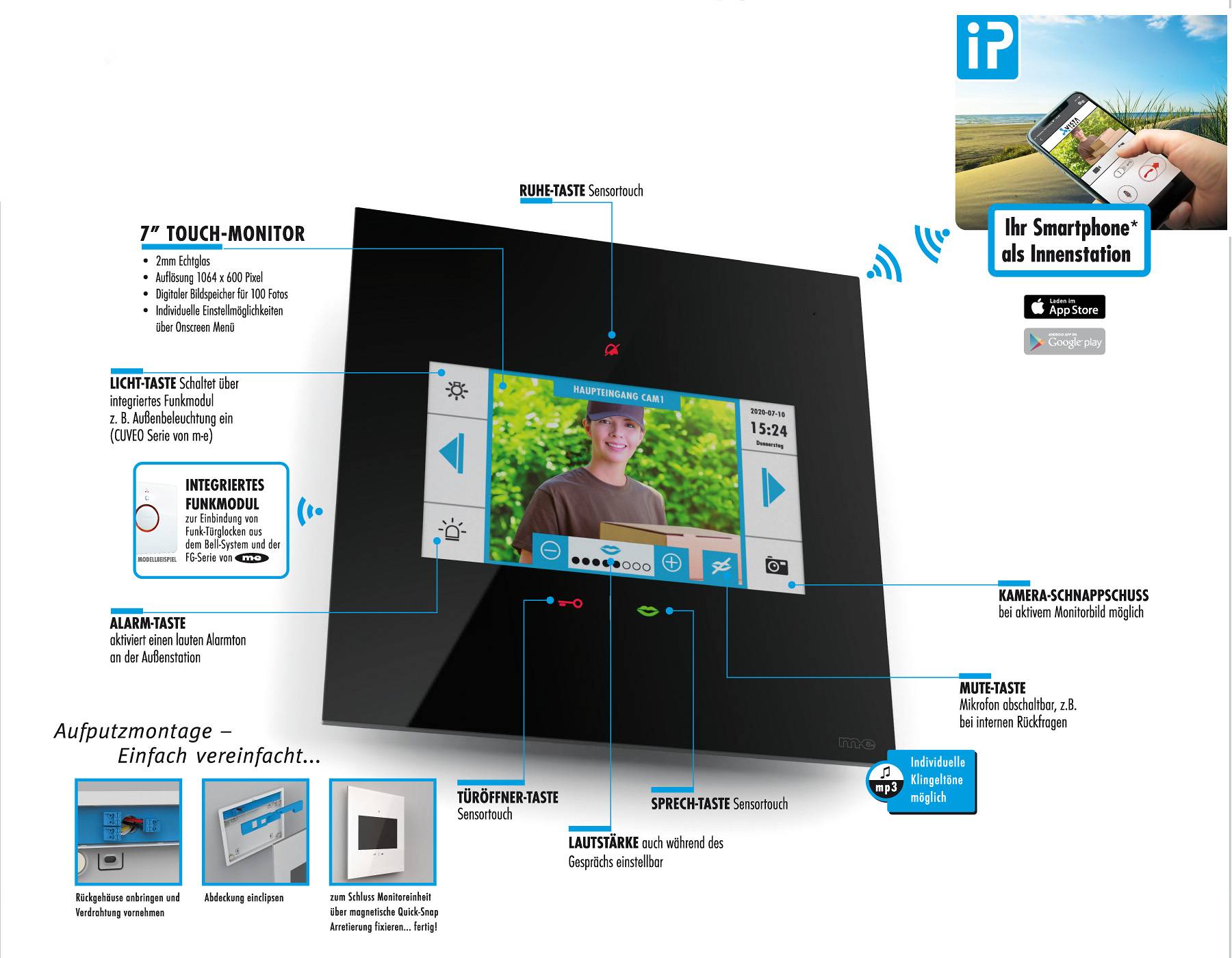'Video Door Entry System with 7" Touch Monitor. Shows Person at the Door. Functions: Light, Alarm, Camera, Volume, Microphone.'
