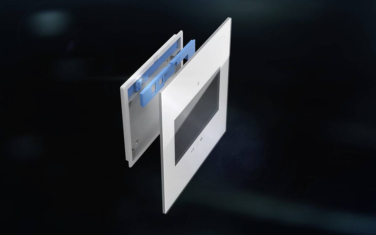 Illustration of a mountable wall switch with an outer plastic plate, a blue intermediate frame, and an internal mounting bracket.