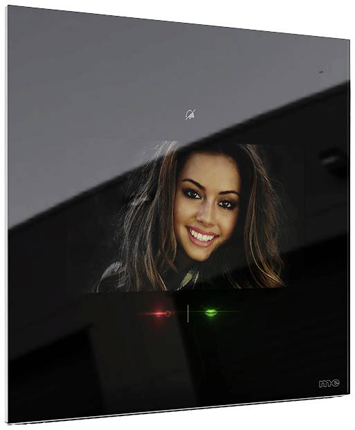 A digital display showing a smiling woman with two illuminated LEDs beneath it, one green and one red.