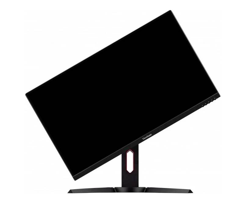 A black computer monitor is tilted to the right. The screen is switched off and displays no content.