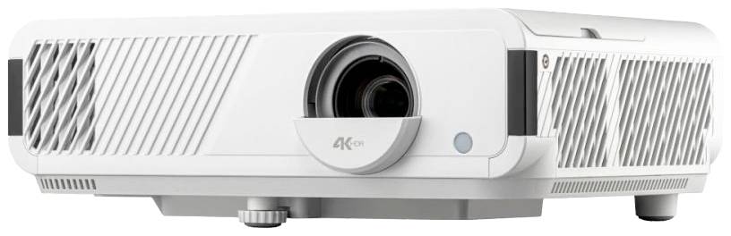 White 4K projector, front view, with central lens and ventilation slots on the sides.