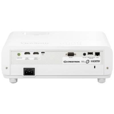 A white projector from behind, showing connections: 2 HDMI inputs, USB-C, audio output, RS-232, LAN, HDMI label visible.