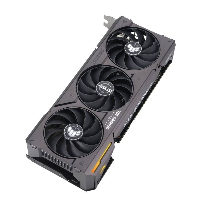 Black graphics card with three fans. Chassis with silver logo and orange details.