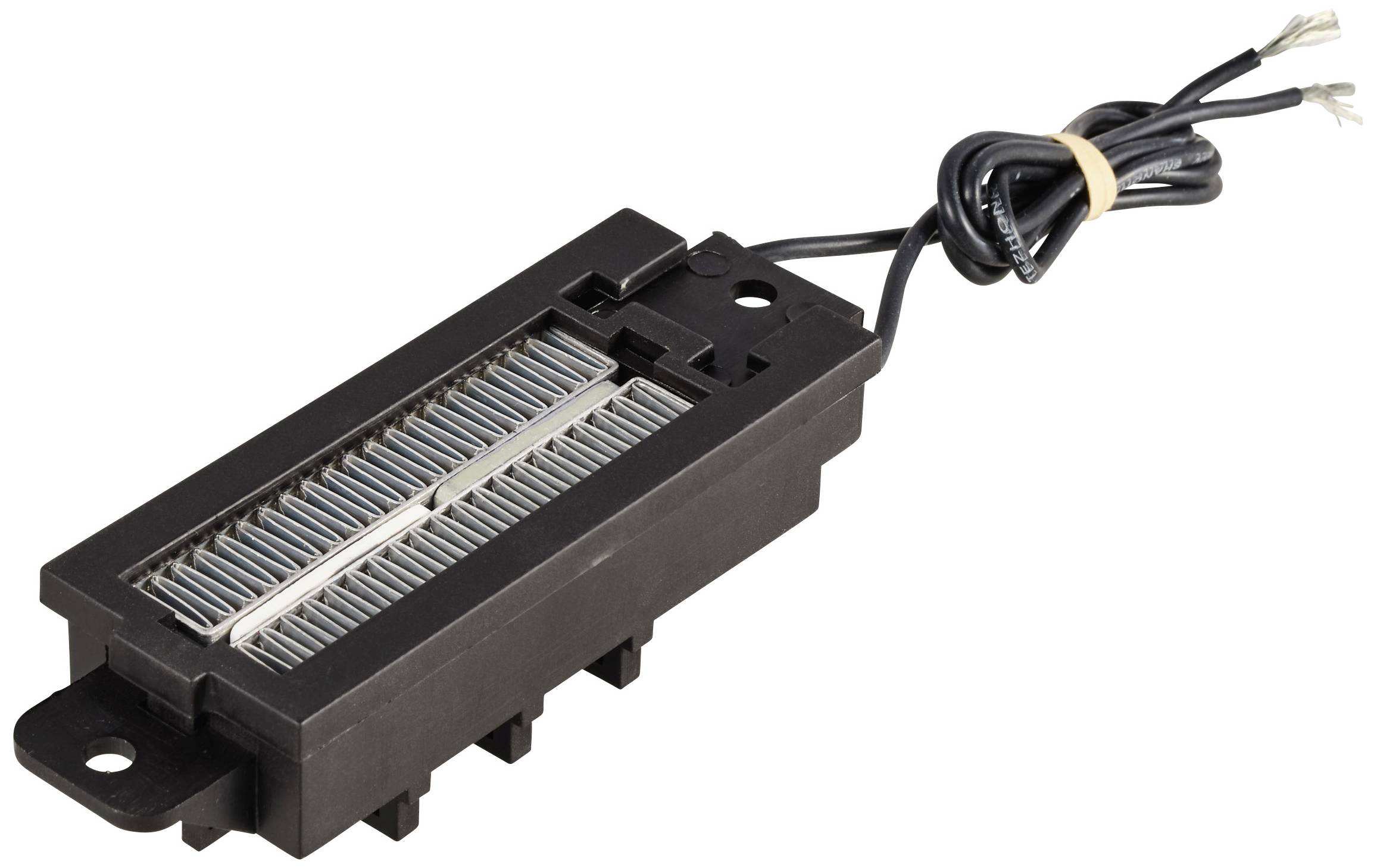 'A black electronic component with cables. The component has a rectangular shape and shows metallic fins in the centre.'