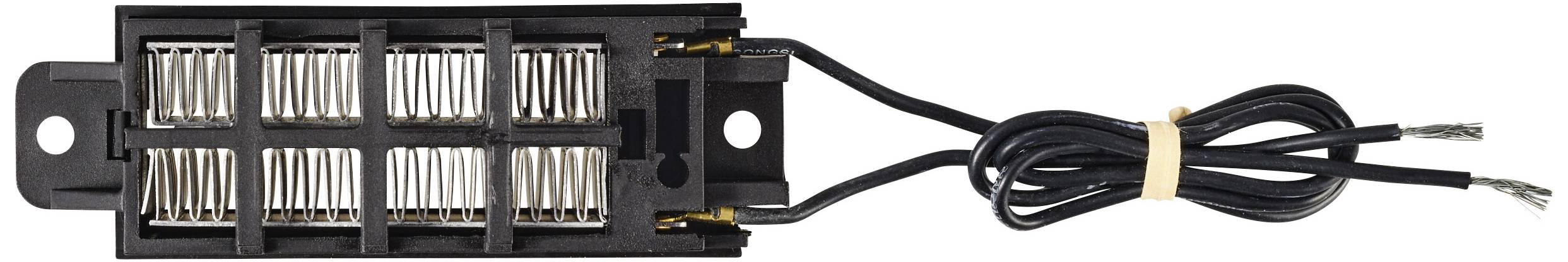 Black electrical resistor with multiple metal grids and two connected black cables on the right.