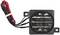 A black electronic fan heater with cables; rectangular shape, silver fins visible inside. Used for heating systems.
