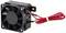 Small black radiator fan with red and black cables, suitable for cooling electronic devices or computers.