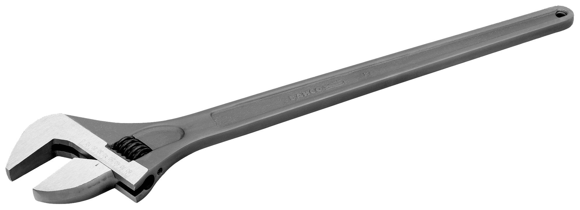 An adjustable spanner with a long handle and a movable jaw for adapting to different screw sizes.