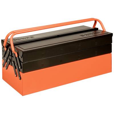 Orange and black metal toolbox with carry handle, closed.