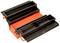 Opened orange toolbox with multiple black compartments for tool storage.