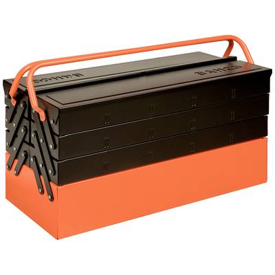 Red and black metal toolbox with four pull-out drawers and a carrying handle.