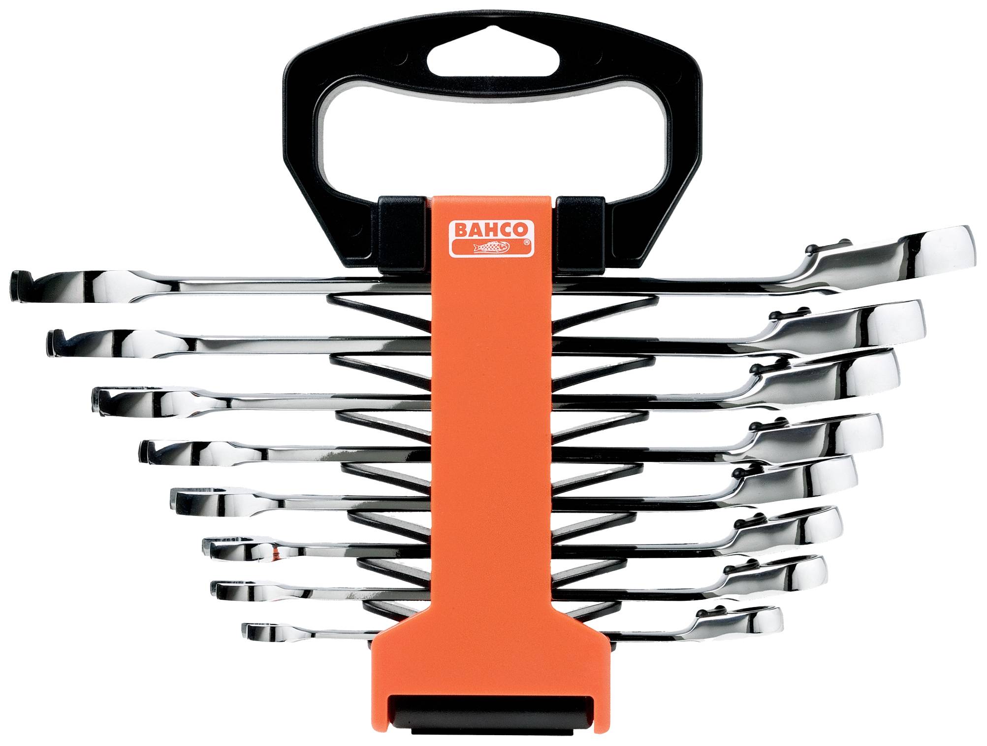 A set of chrome-plated spanner wrenches in various sizes, arranged in a black and orange holder.