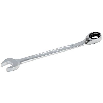 A chrome-plated ratchet spanner suitable for loosening and tightening screws, set against a white background.