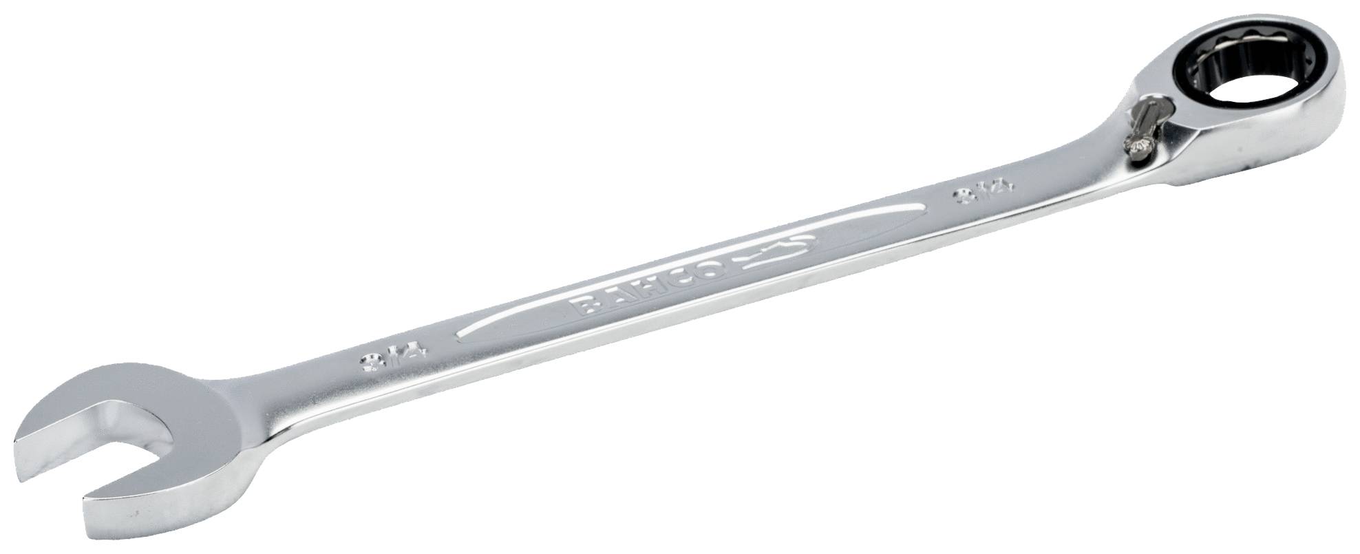 A silver ring spanner with a ratchet mechanism on a white surface.