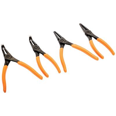 Four tongs with black handles and orange handle ends in various positions on a white background.