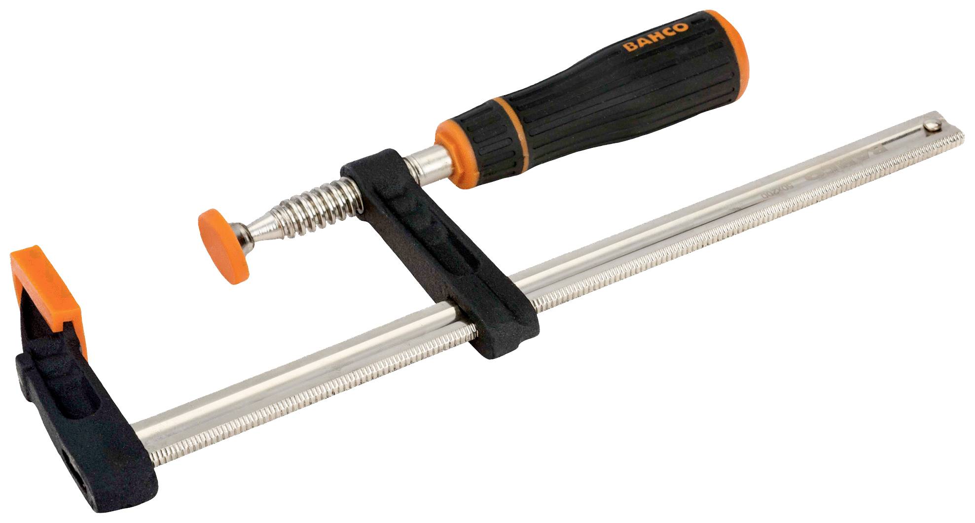 A G-clamp with a black handle and orange accents. It has a long metal bar for adjusting and securing objects.
