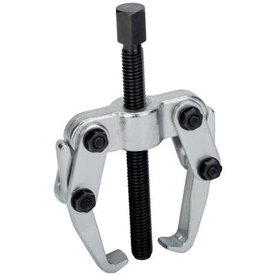 A two-legged metal puller with a screw mechanism for removing fixed components such as gears or bearings from a shaft.