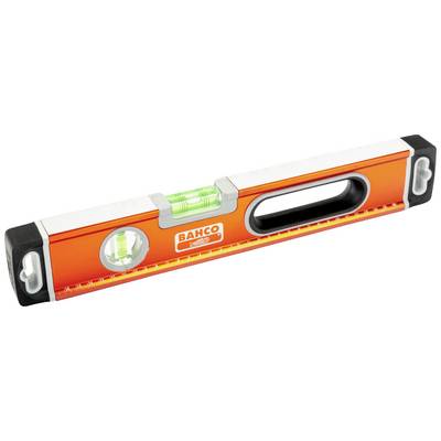 Spirit level in orange, Bahco brand, with two vials for horizontal and vertical alignment, ergonomically shaped handle.