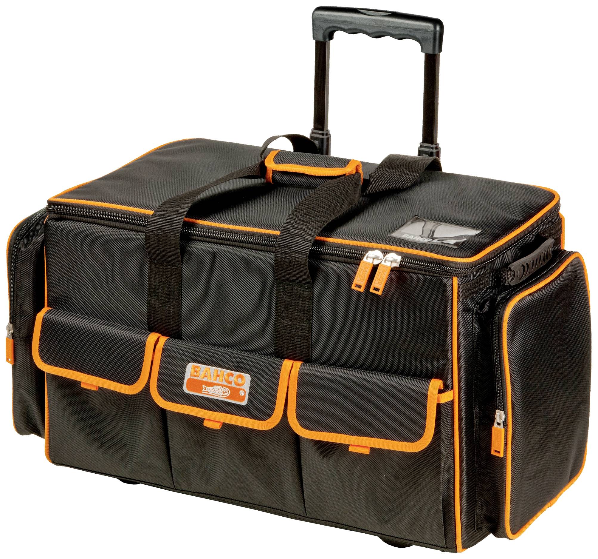A large black tool bag on wheels with orange stitching and multiple external pockets, with a pulling handle on top.