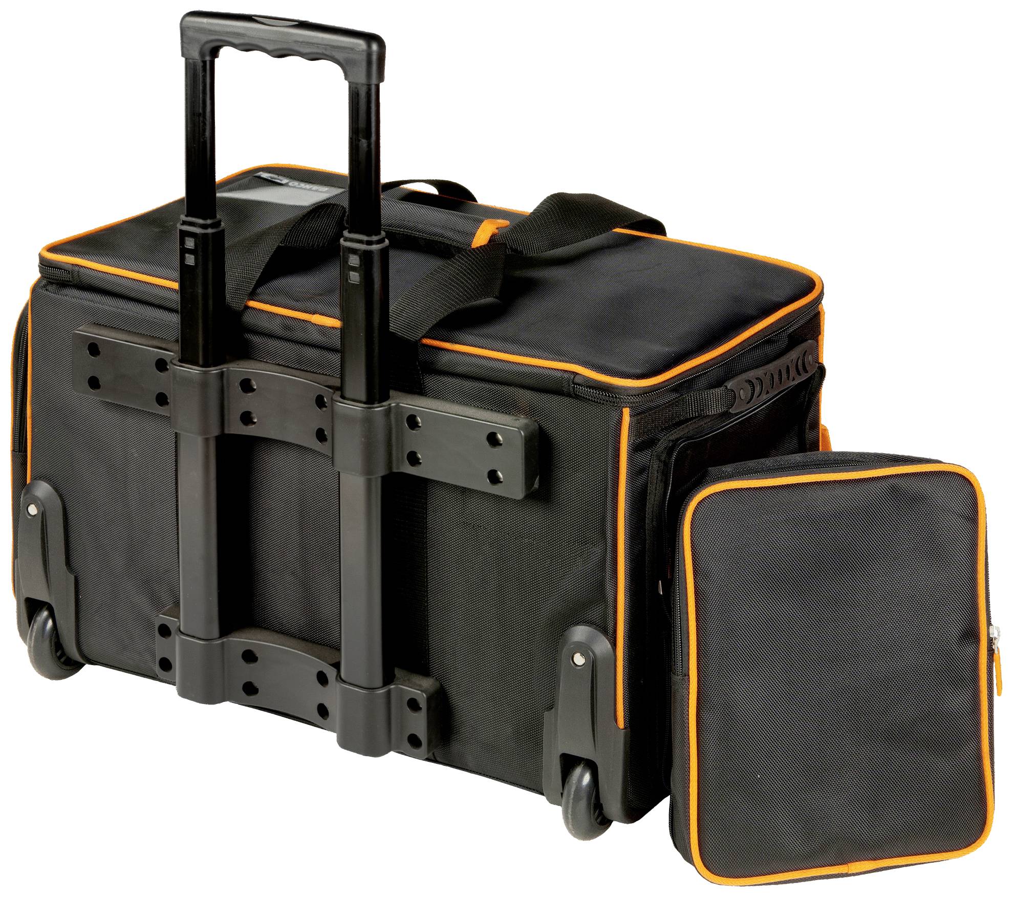 'Black bag with wheels and telescopic handle, orange piping, additional small pocket on the side.'