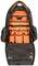 Black rucksack with open zip revealing multiple compartments, including a large orange interior pocket for tools.