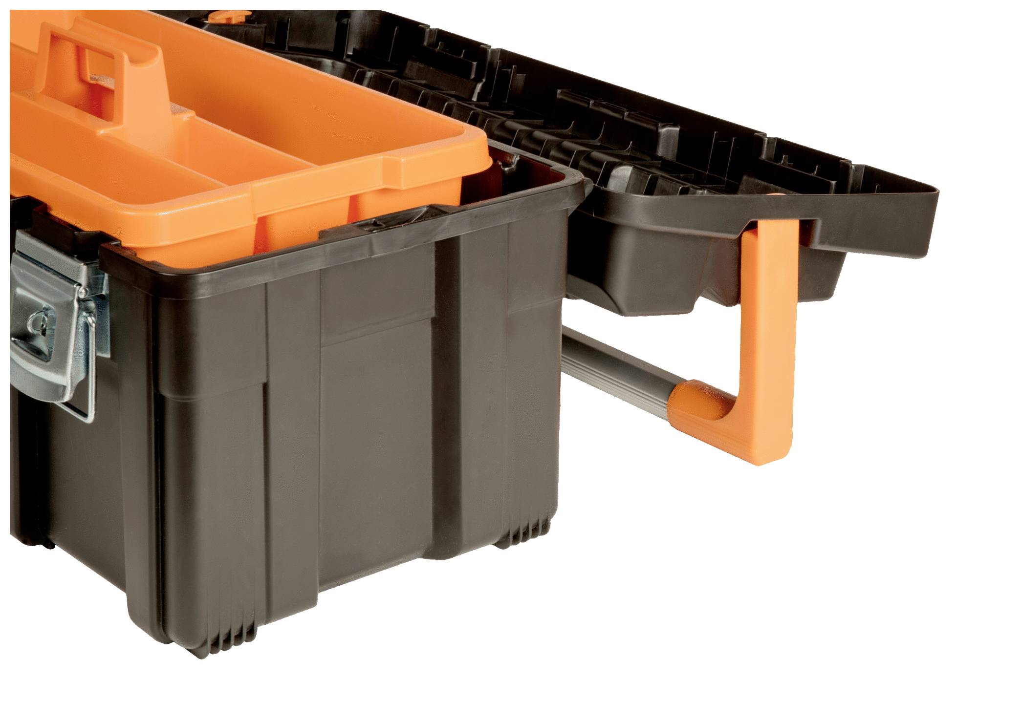 A black toolbox with orange details, open, reveals compartments for tool storage. Practical handle for easy transportation.